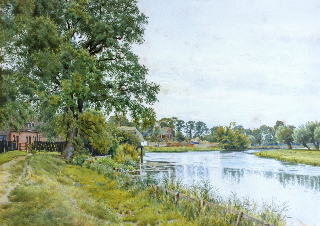 No rio Ouse, em Hemingford Grey, com a casa senhorial à distância de William Fraser Garden