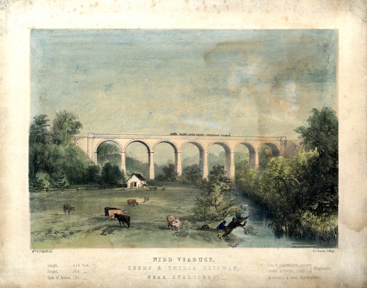 Nidd Viaduct, Leeds and Thirsk Railway, near Knaresbro", c.1850 (litografia colorida sobre papel) de William Frederick Faviell
