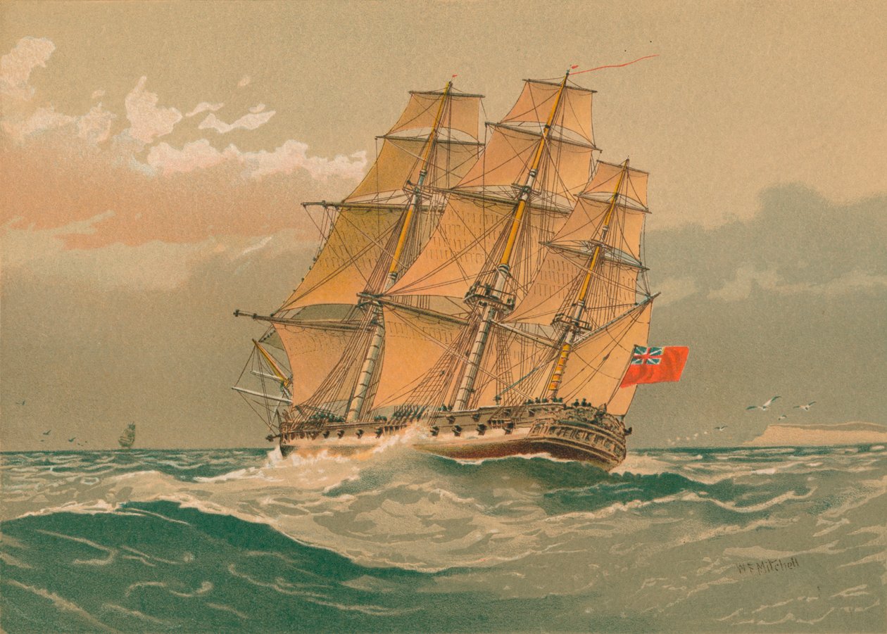 Uma fragata de 38 armas, por volta de 1770, do final do século XIX ao início do século XX. de William Frederick Mitchell