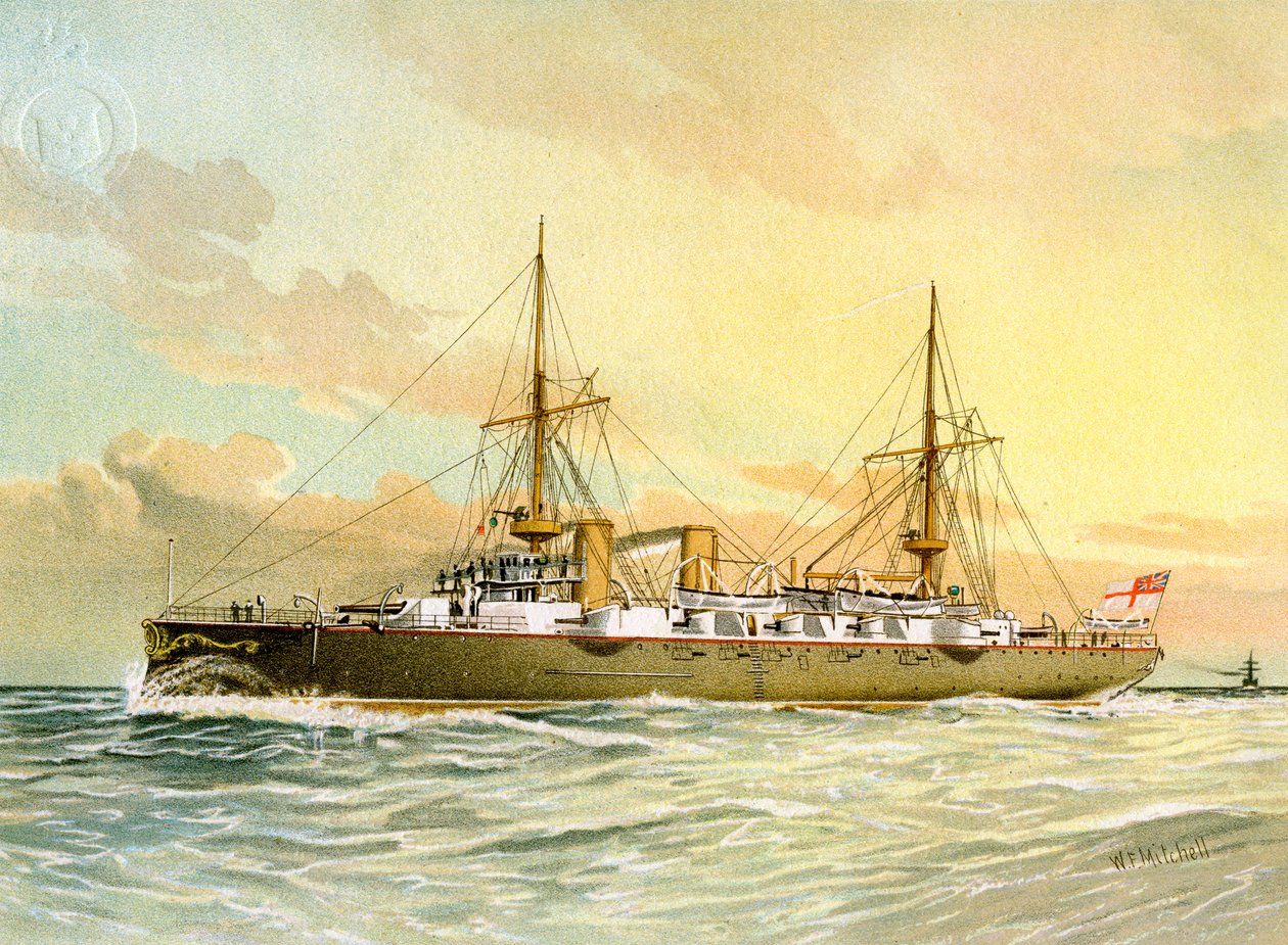 HMS Undaunted, cruzador de primeira classe da Marinha Real, c1890-c1893. de William Frederick Mitchell