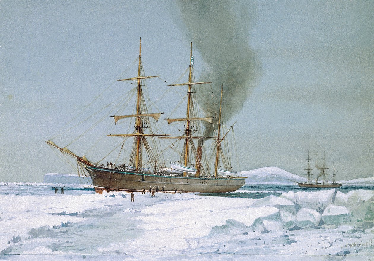 O HMS "Discovery" a abrir caminho através do gelo, o navio concebido para expedições à Antárctida. Aguarela, cerca de 1901, de William Frederick Mitchell (1845-1914). de William Frederick Mitchell