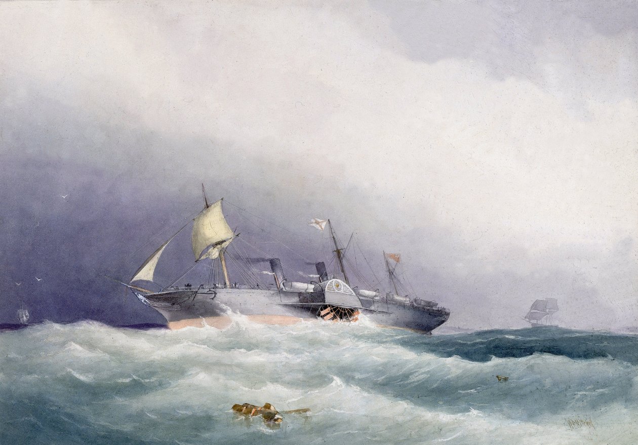 O navio a vapor "Atrato" da Royal Mail, construído em metal por Caird  Co, em Greenock, Inglaterra, em 1853. Pintura de 1864, aguarela de William Frederick Mitchell (1845-1914). de William Frederick Mitchell