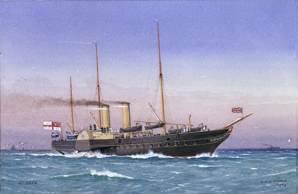 O iate real "Osborne" (1870), a todo o vapor e com as velas dobradas, no mar. Aguarela de William Frederick Mitchell