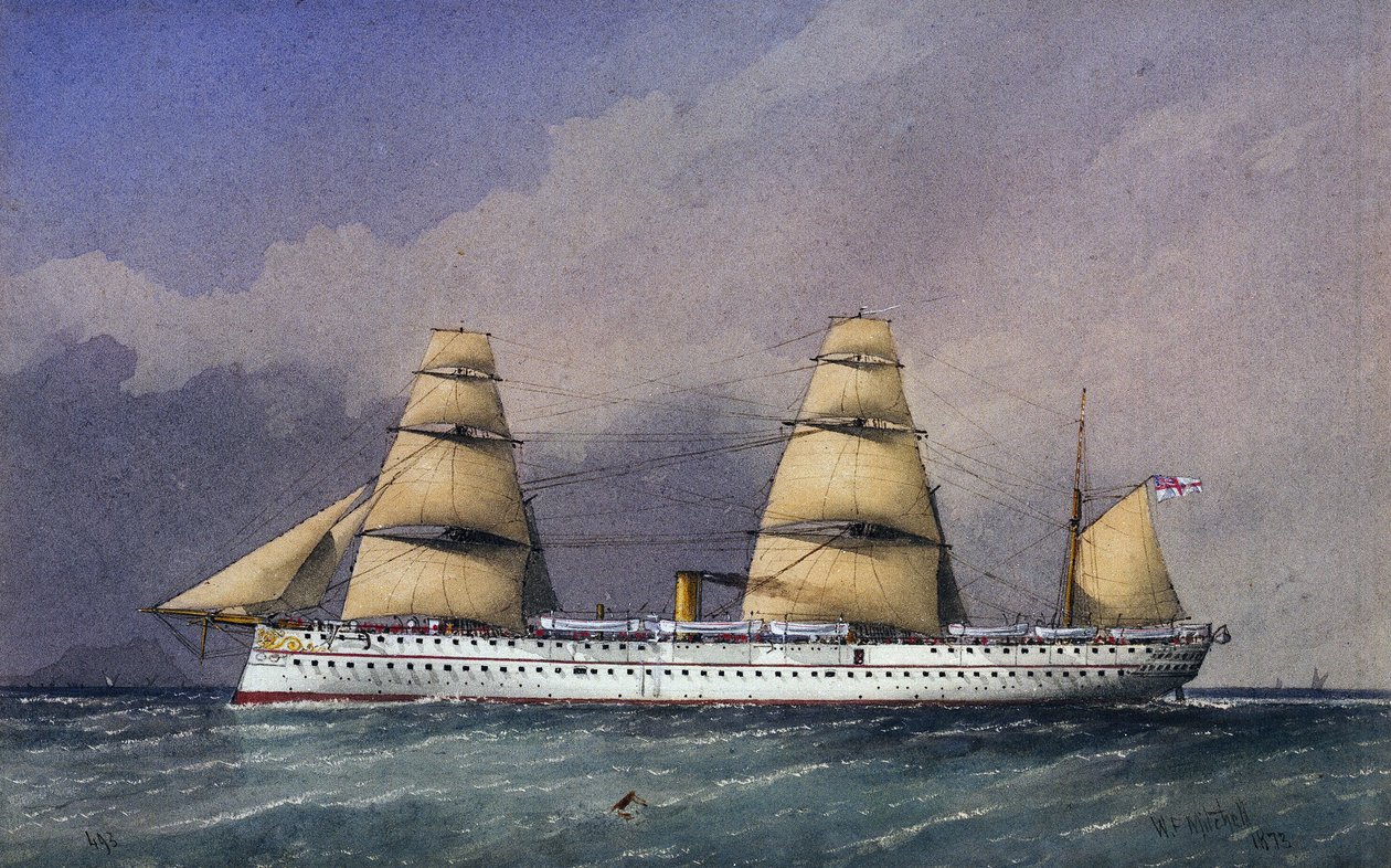 O navio HMS "Jumna" (1866), um barco da Marinha Real com casco de ferro, para o transporte de tropas de e para o subcontinente indiano. Aguarela de William Frederick Mitchell