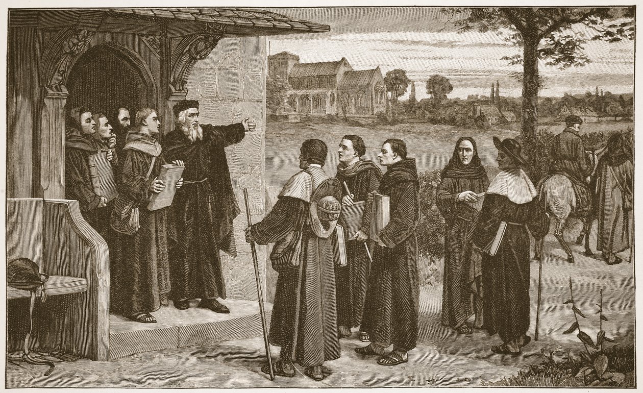 Wycliff enviando seus "pobres padres", ilustração de "A Igreja da Inglaterra: Uma História para o Povo", de HDM Spence-Jones, pub. c.1910 (foto sépia) de William Frederick Yeames