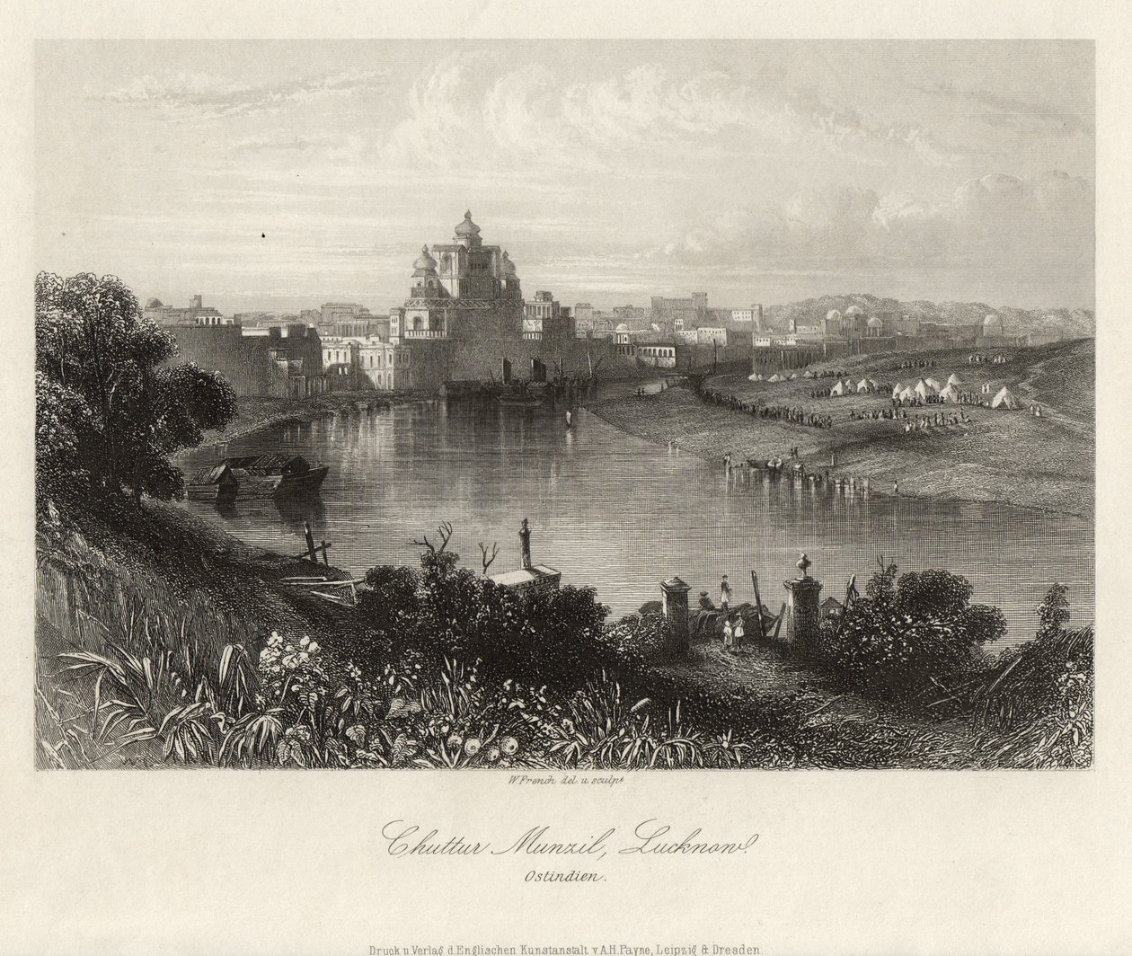 Vista geral, do outro lado do Gomati, Chuttur Munzil, Lucknow. de William French