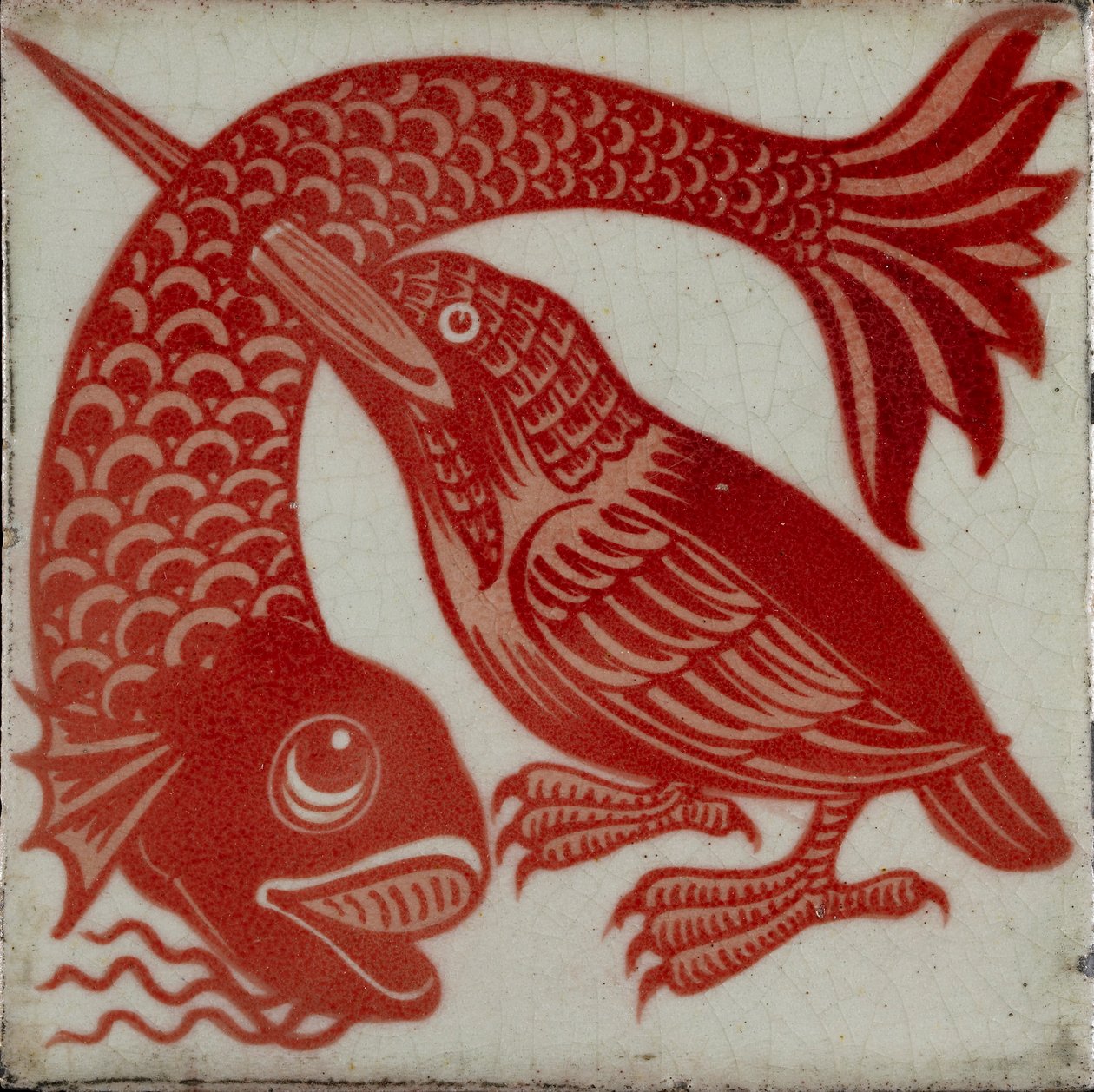 Telha com martim-pescador com bico através de peixe, 1882-1888 de William Frend De Morgan