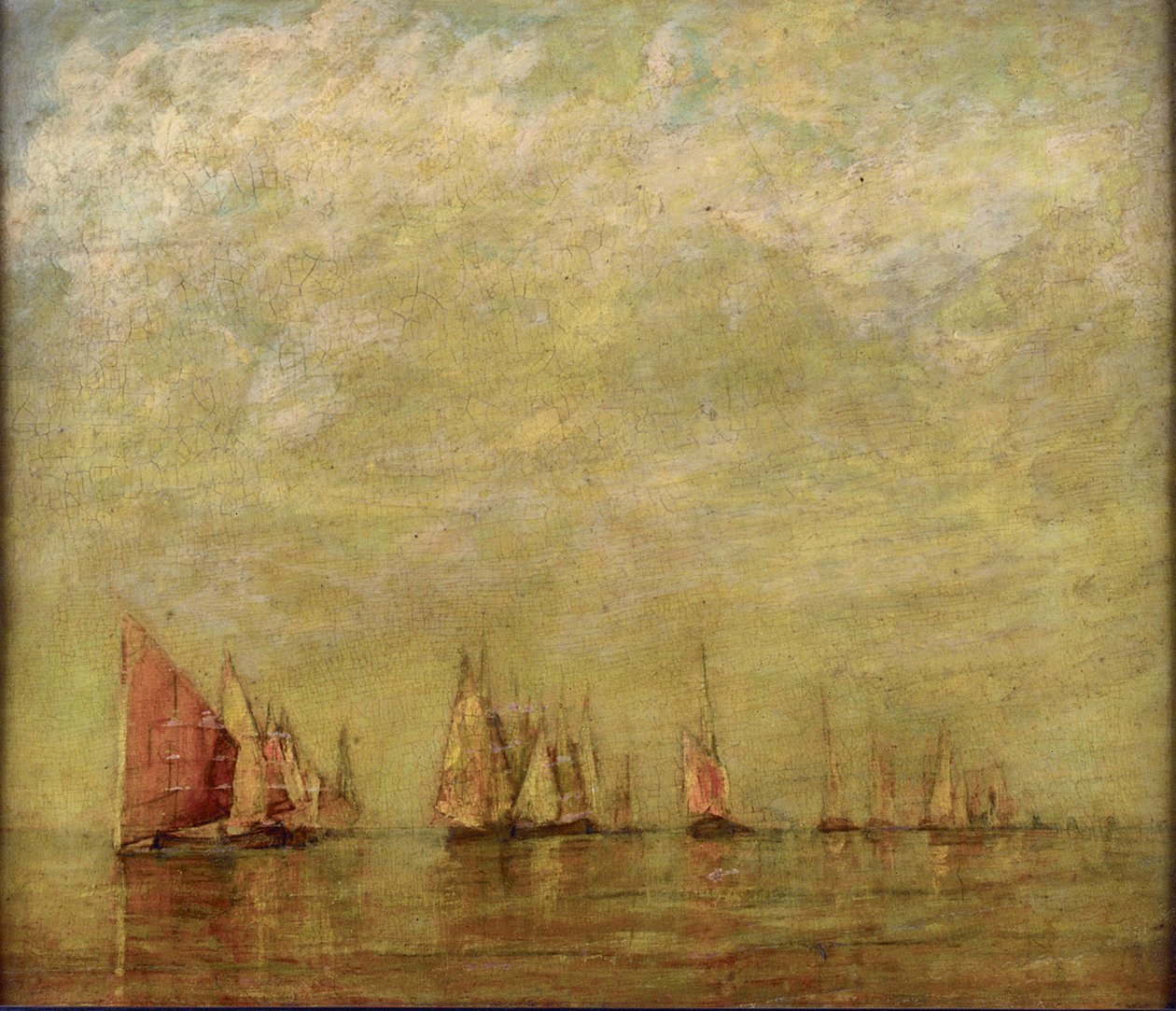 Barcos venezianos reflectindo-se no mar calmo. Óleo sobre madeira de William Gedney Bunce