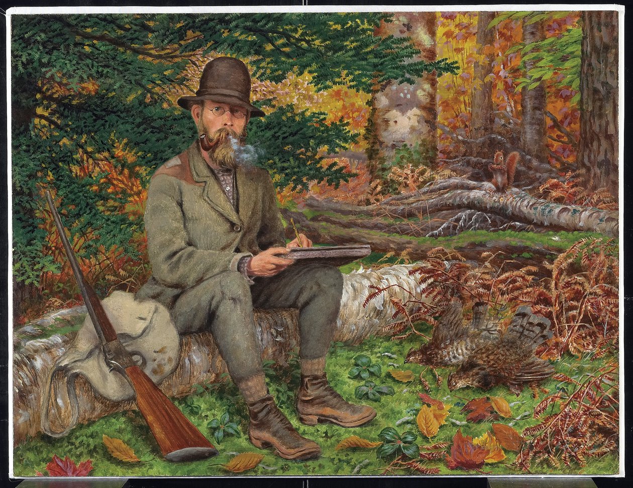 Auto-retrato em equipamento de caça, c.1875 (óleo e grafite sobre papel de fibra laminada) de William George Richardson Hind
