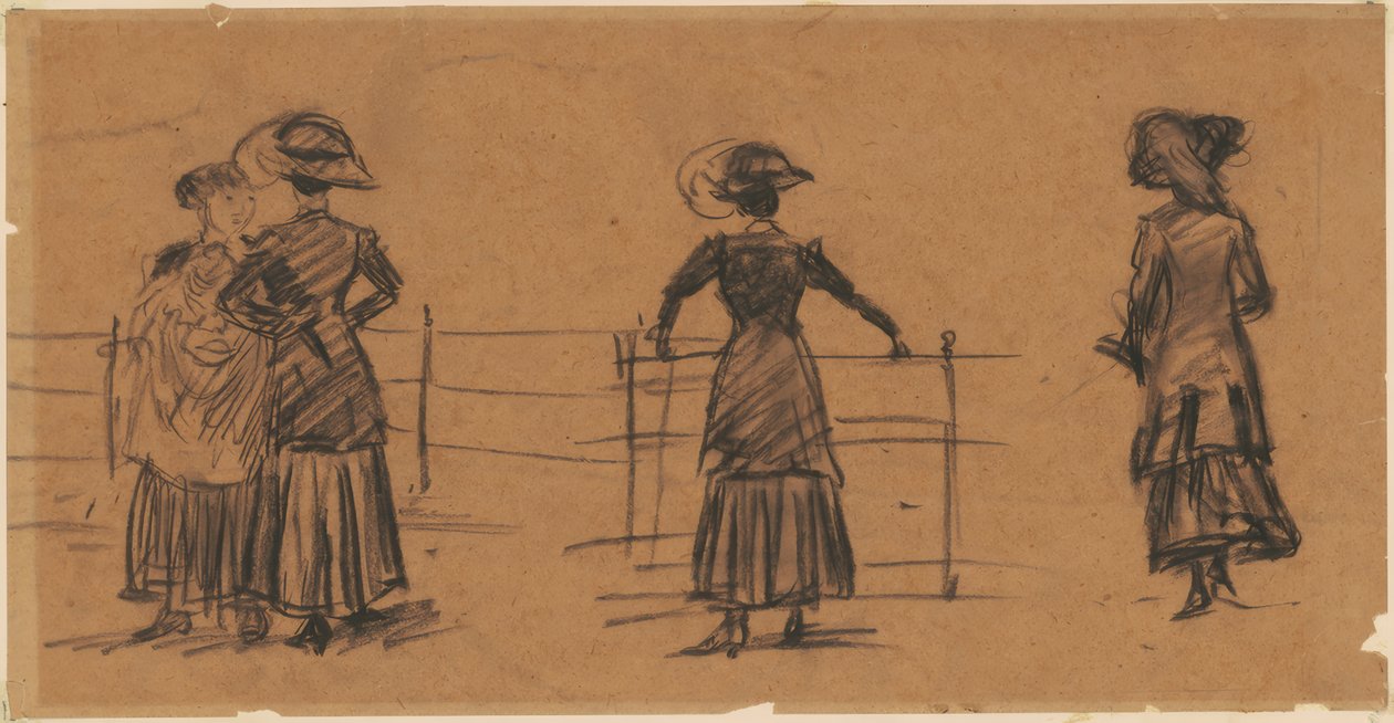 Estudos das mulheres sobre o corrimão do parque de William Glackens