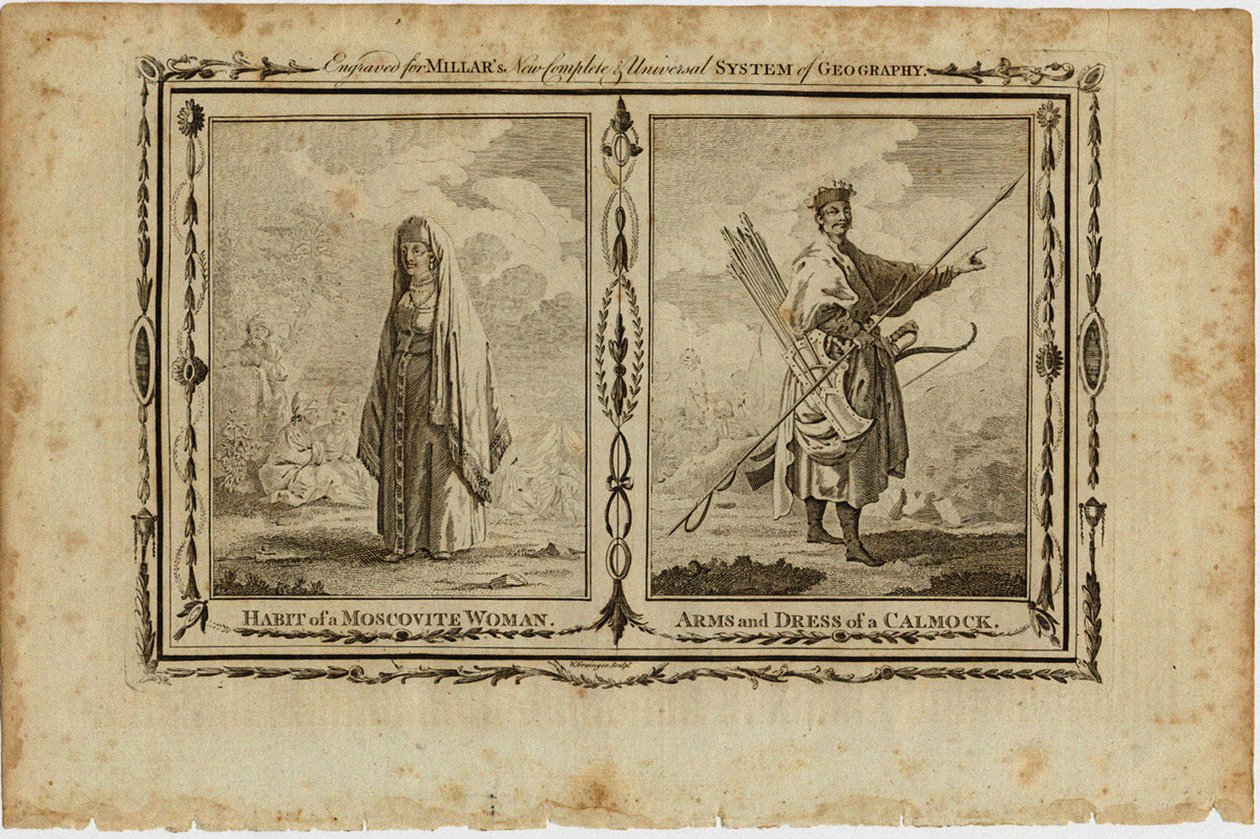 Hábitos de uma mulher moscovita, braços e vestido de um Kalmyk, ca 1730 de William Grainger