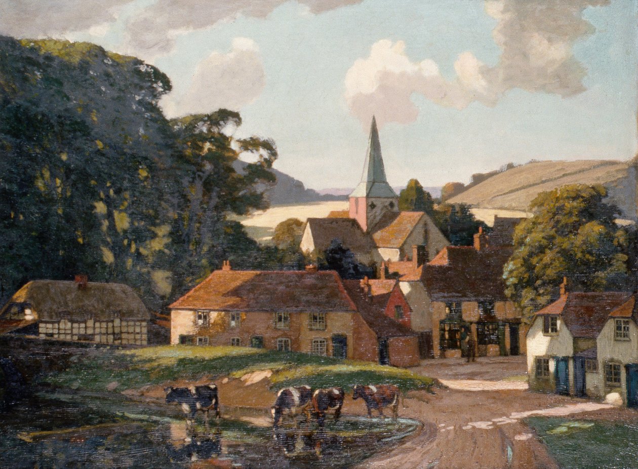 Aldeia e lagoa de Harting (óleo sobre tela) de William Gunning King