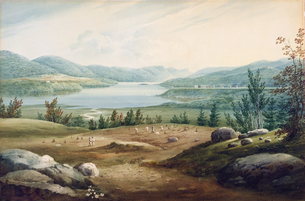 Rio Hudson em West Point, Nova York, 1820 (wc no papel montado em papelão) de William Guy Wall