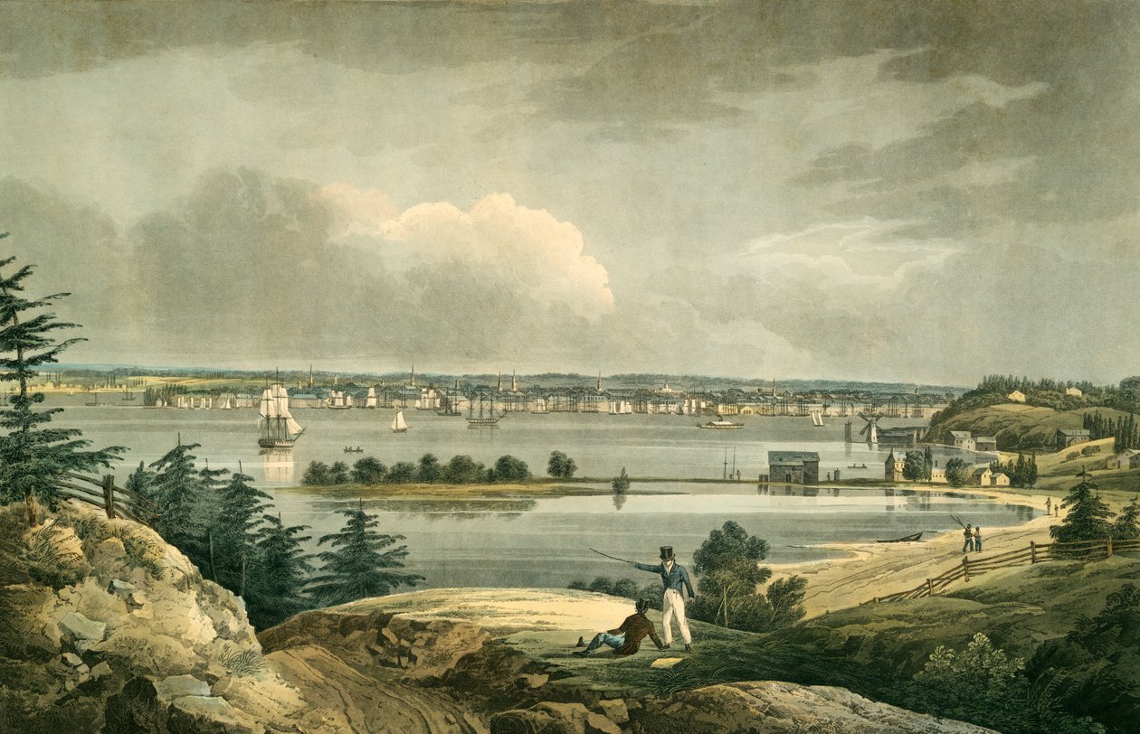 New York das alturas perto de Brooklyn, bar. 1828 (gravura colorida à mão) de William Guy after Wall
