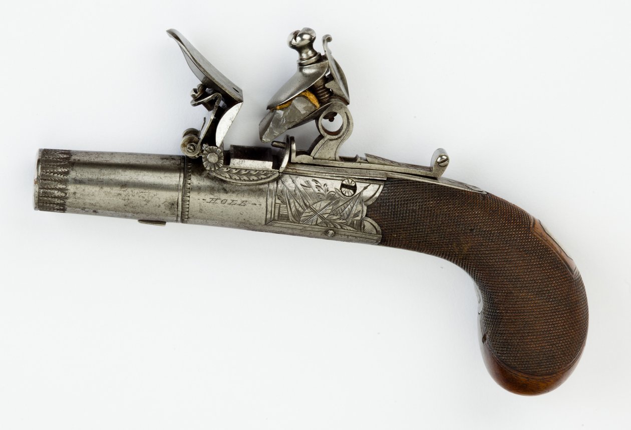 Pistola Flintlock Pocket com Box-Lock, c.1820 (aço, prata e madeira de nogueira) de William Hale