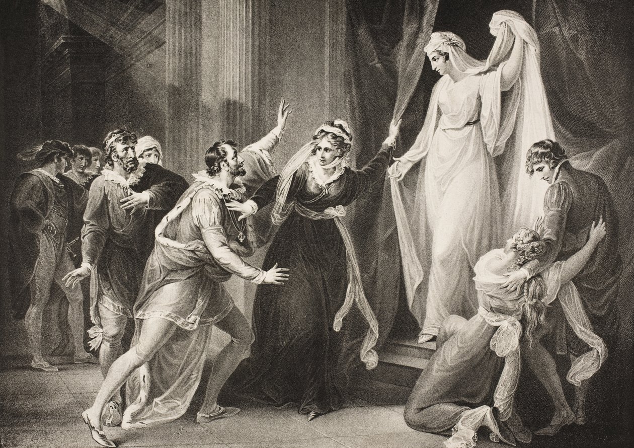 Uma capela na casa de Paulina, Ato V, Cena III, de &39;The Winter&39;s Tale&39;, da The Boydell Shakespeare Gallery, publicada no final do século XIX de William Hamilton