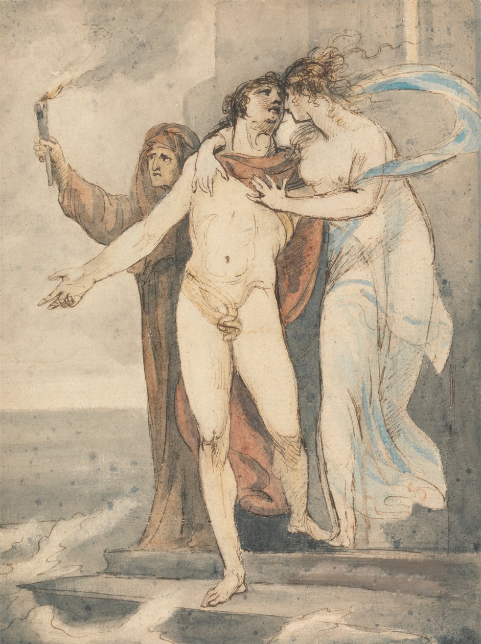 Leandro a tirar licença de Herói antes de nadar de volta através do Hellespont de William Hamilton