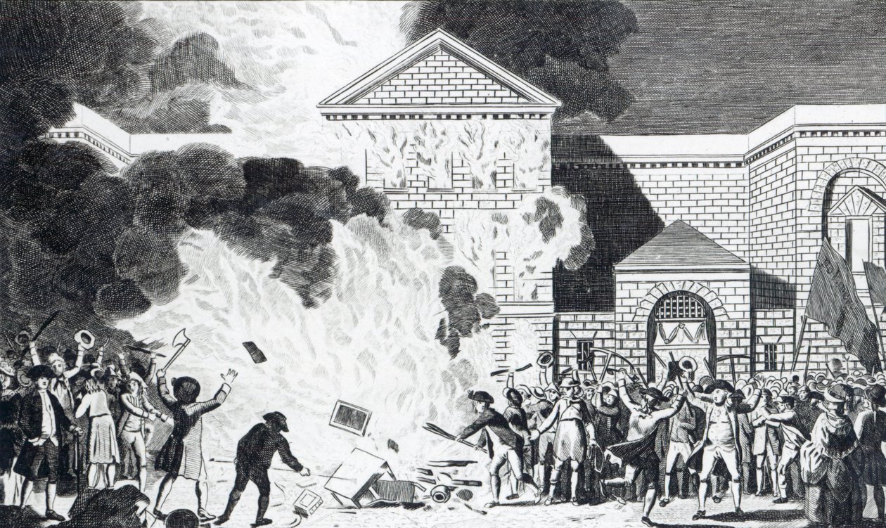 As devastações ocasionadas pelos desordeiros de Londres, disparando a Nova Prisão de Newgate e queimando a mobília do Sr. Akerman, 6 de junho de 1780, gravada por T. Thornton de William Hamilton