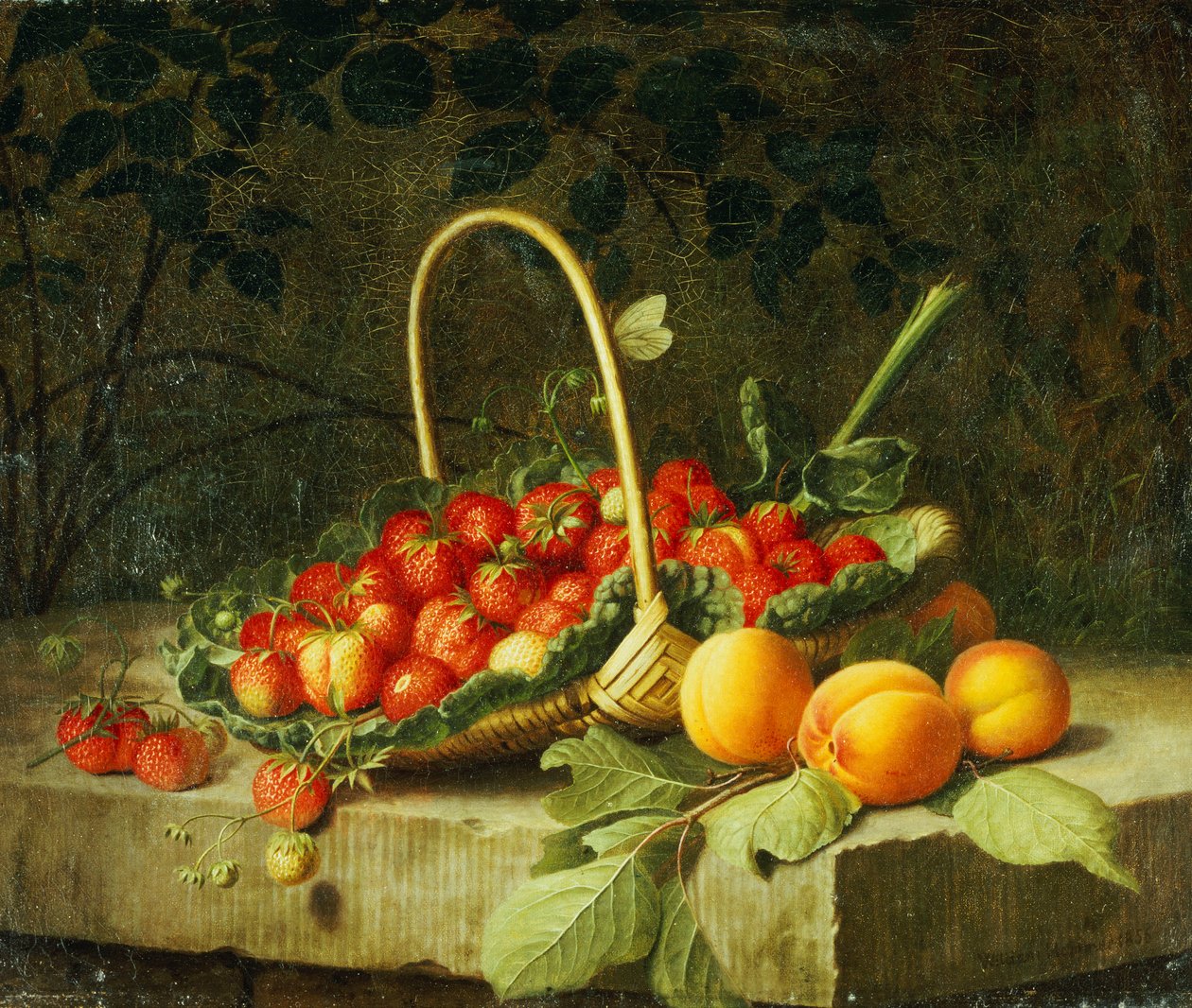 Uma cesta de morangos com pêssegos em uma borda de pedra, 1856 de William Hammer