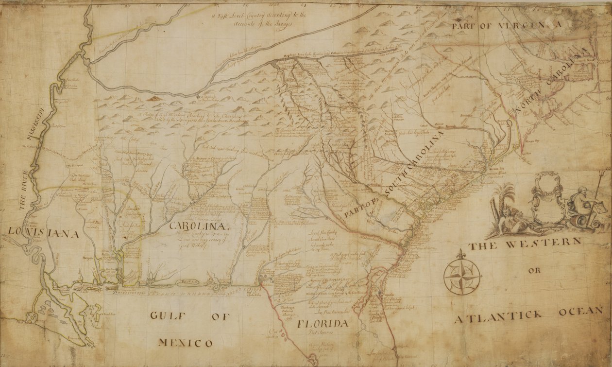 Mapa da parte sudeste da América do Norte, 1721 (caneta e tinta e lavar no papel) de William Hammerton