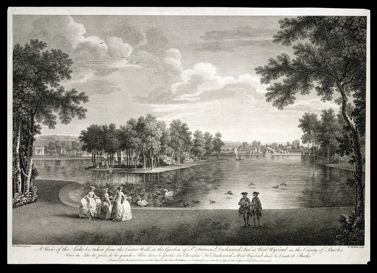 Vista do lago a partir do centro Caminhada no jardim em West Wycombe, Buckinghamshire, gravado por William Woollett (1735-85) de William Hannan