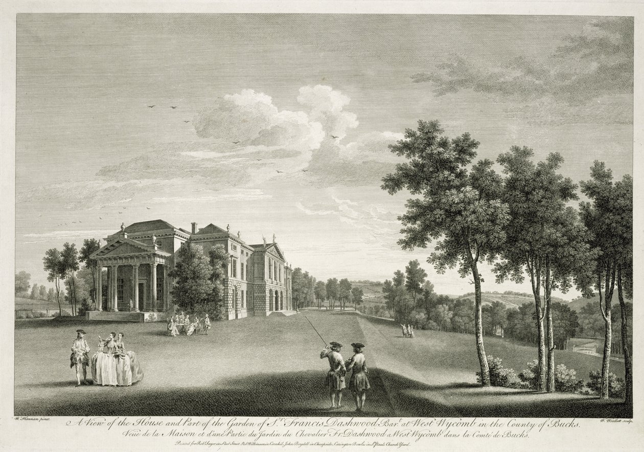 Vista da casa e parte do jardim em West Wycombe, Buckinghamshire, gravado por William Woollett (1735-85) de William Hannan