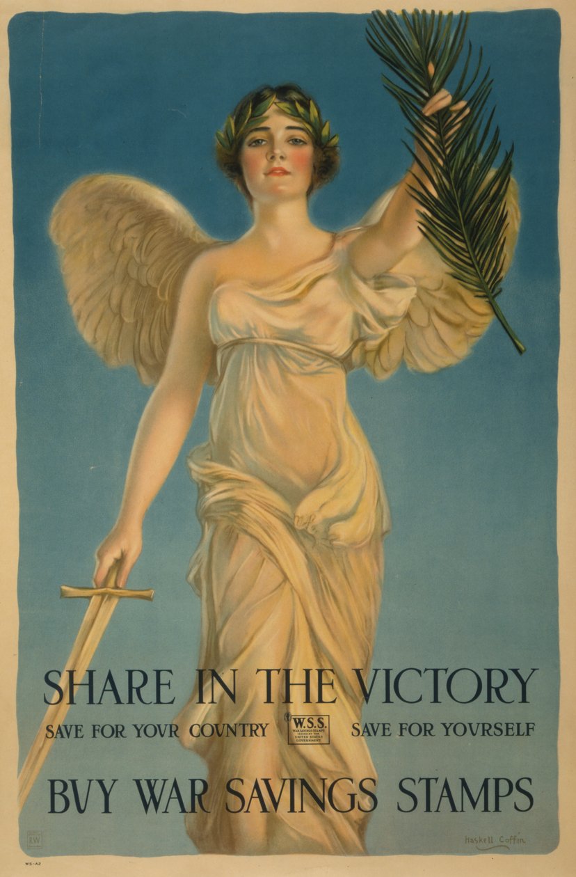 Compartilhar na vitória, comprar selos de poupança de guerra, pôster da 1ª Guerra Mundial, 1918 de William Haskell Coffin