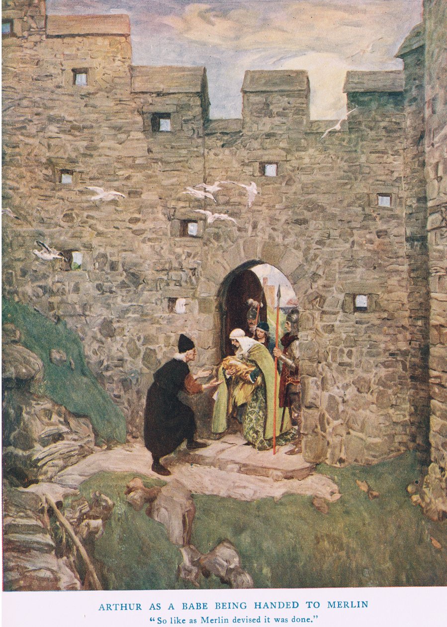 Arthur como bebê sendo entregue a Merlin, ilustração do &39;Rei Arthur&39; de William Hatherell