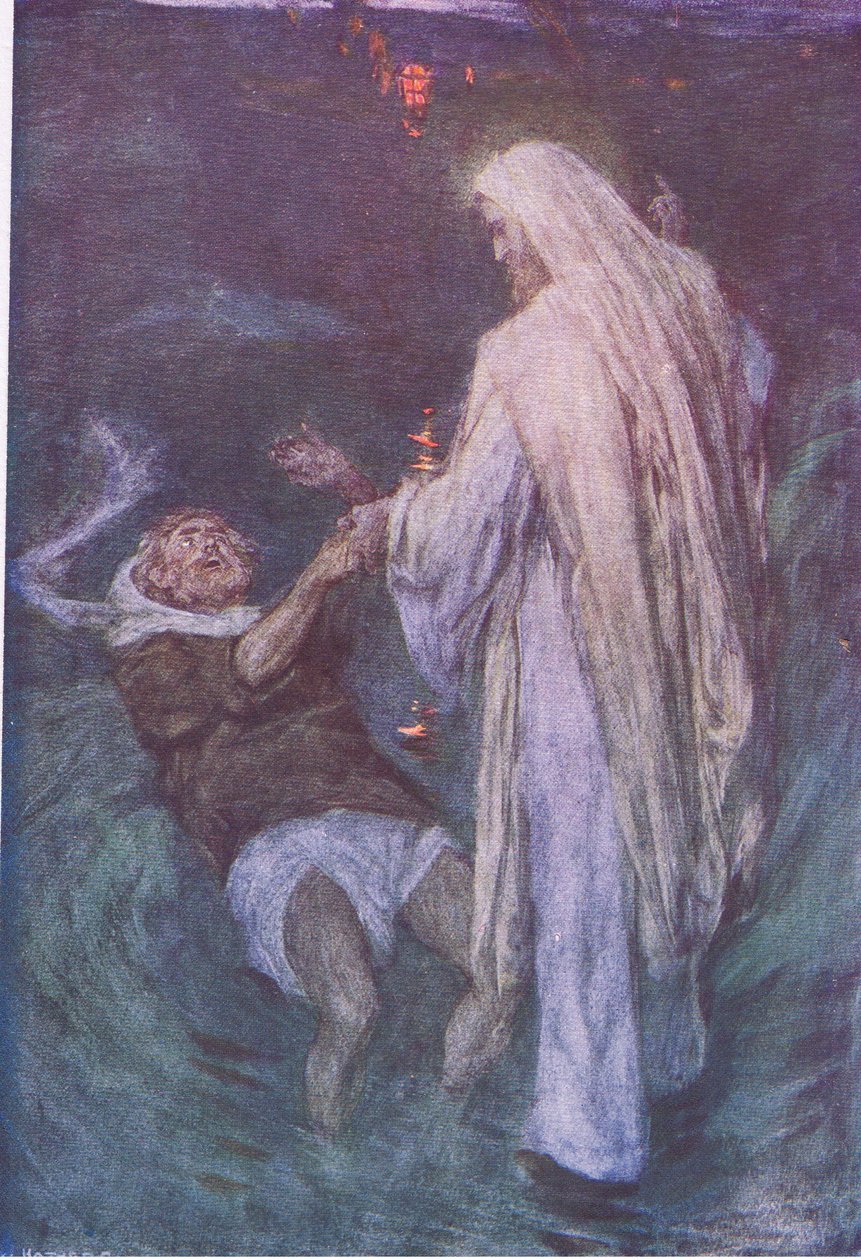 Cristo andando no mar, de The Bible Story publicado por Hodder & Stoughton, c.1930 de William Hatherell