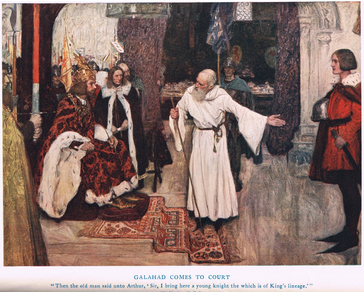 Galahad chega ao tribunal, ilustração do &39;Rei Arthur&39; de William Hatherell