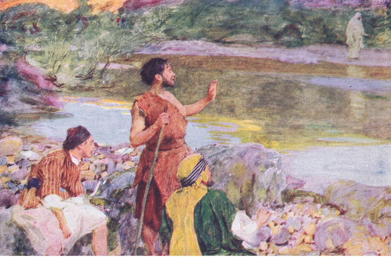 João olhando para Jesus enquanto andava, disse: Eis o Cordeiro de Deus, de The Bible Story, publicado por Hodder & Stoughton, c.1930 de William Hatherell