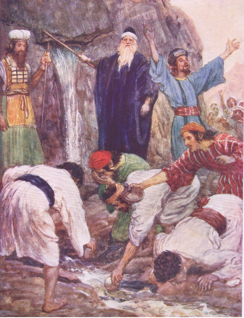 Moisés batendo na rocha, de The Bible Story publicado por Hodder & Stoughton, c.1930 de William Hatherell