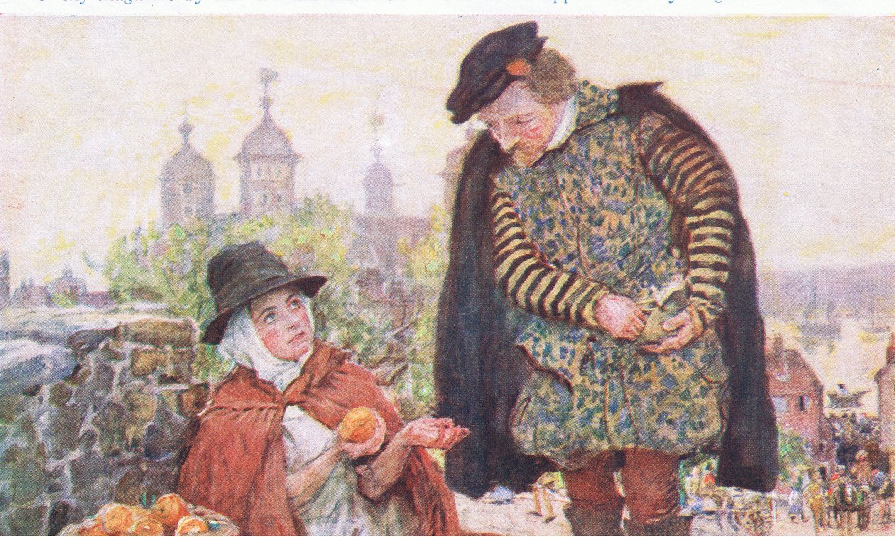 Shakespeare compra uma laranja de uma mulher em Tower Hill, da My Magazine, pub.1922 de William Hatherell
