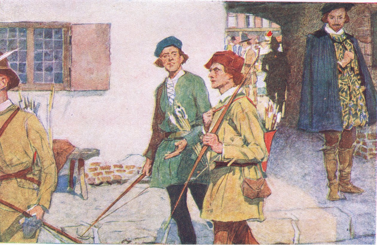 Shakespeare vê um grupo de aprendizes com seus arcos e flechas indo para o jardim de arco e flecha em Moorfields, da My Magazine, pub.1922. de William Hatherell