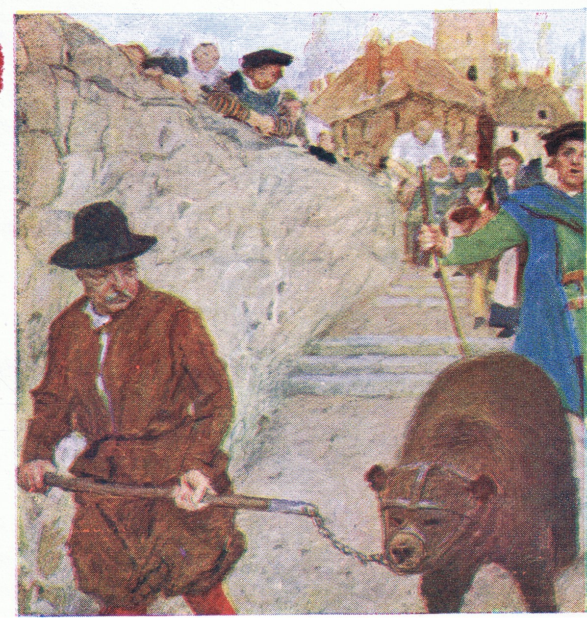 Shakespeare observa um urso a caminho do jardim Bear, em Bankside, da My Magazine, pub.1922 de William Hatherell