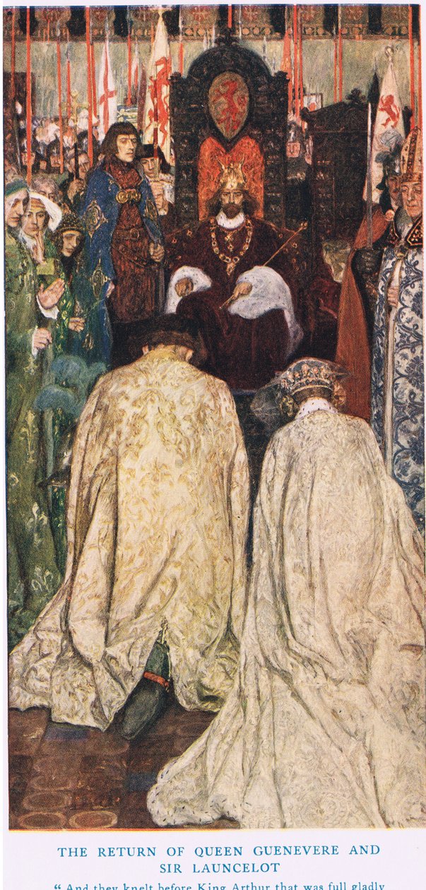 O retorno da rainha Guenevere e Sir Lancelot, ilustração do &39;Rei Arthur&39; de William Hatherell