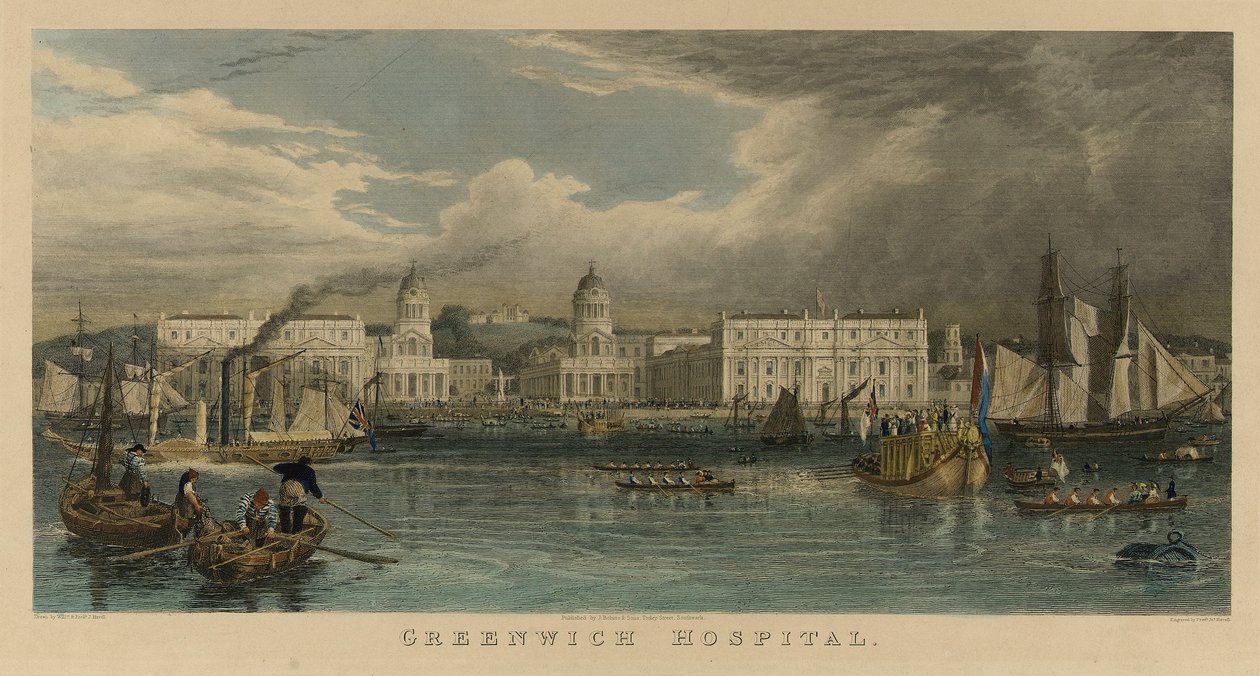 Visita real ao Hospital de Greenwich (Inglaterra), com um barco à vela, um barco a vapor, barcaças de passageiros, barcos a remos no Tamisa de William Havell
