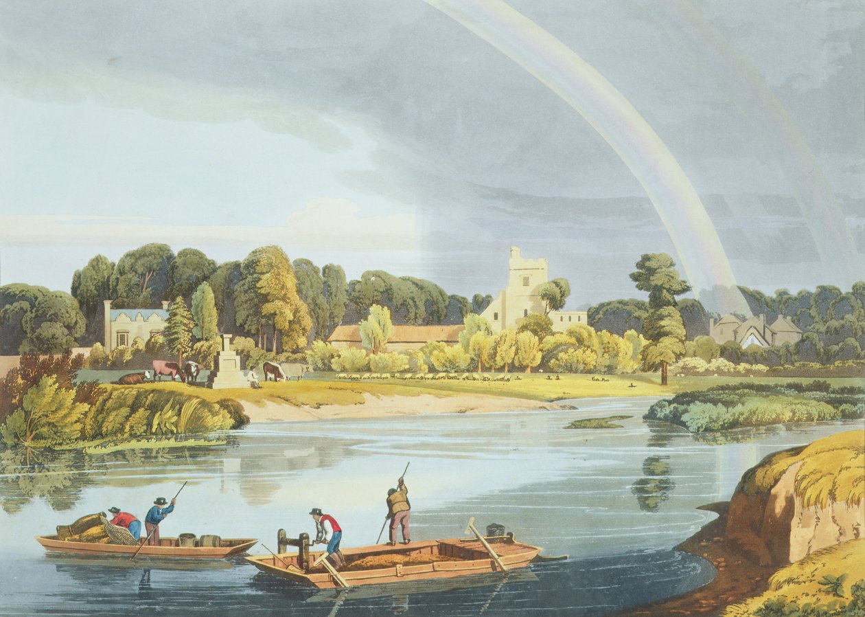 Staines Igreja com pedra da cidade às margens do rio, gravada por Robert Havell, o Jovem (1793-1878) publicado em 1818 (aquatint) de William Havell