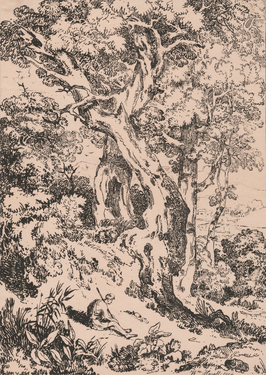 Estudo de árvores e arbustos com figura masculina sentada de William Havell