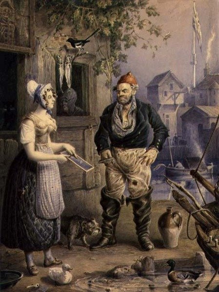 Um Pescador e uma Criada, c.1830 (aquarela sobre lápis de cor sobre papel com guache) de William Heath