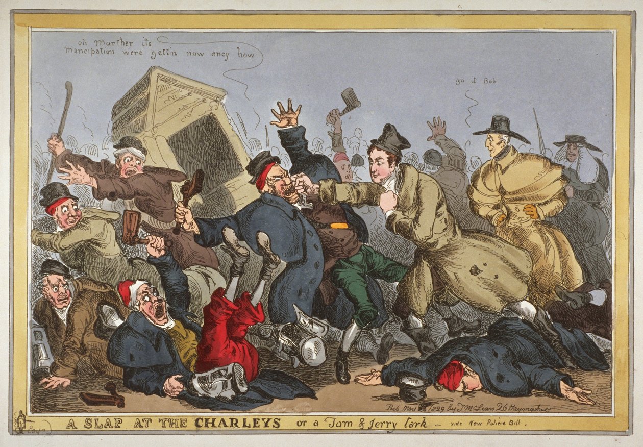 &39;Um tapa nos Charleys ou um cotovia de Tom e Jerry, vide New Poliece Bill&39;, 1829 (gravura à mão colorida) de William Heath
