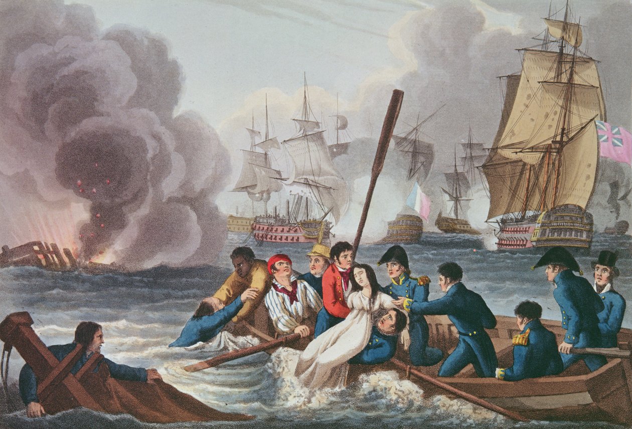 Anedota na batalha de Trafalgar, gravada por Matthew Dubourg (fl.1813-20) de "histórico, militar e anedota naval", pub. por Edward Orme (1774-c.1820) 1817 (aquatinta) de William Heath