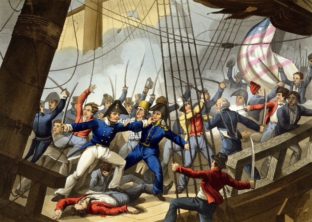 Embarcando e tomando o navio americano &39;Chesapeake&39; pelos oficiais e tripulação de HM Ship &39;Shannon&39;, comandada pelo capitão Broke, 1813, gravado por Matthew Dubourg (fl.1813-20) de &39;histórico, militar de William Heath