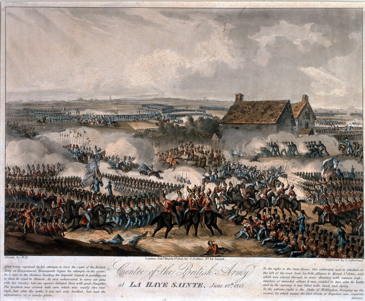 Centro do Exército Britânico em La Haye Sainte durante a Batalha de Waterloo, gravada por Thomas Sutherland, 1816 (colorido aquatint) de William Heath