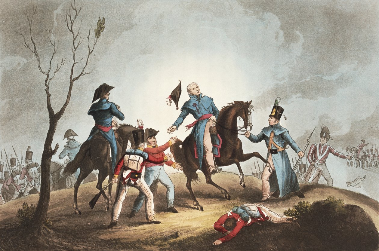 Morte de Sir John Moore (1761-1809) 17 de janeiro de 1809, de "As realizações marciais da Grã-Bretanha e seus aliados de 1799-1815", por James Jenkins, gravado por Thomas Sutherland (n.1785) publishe de William Heath