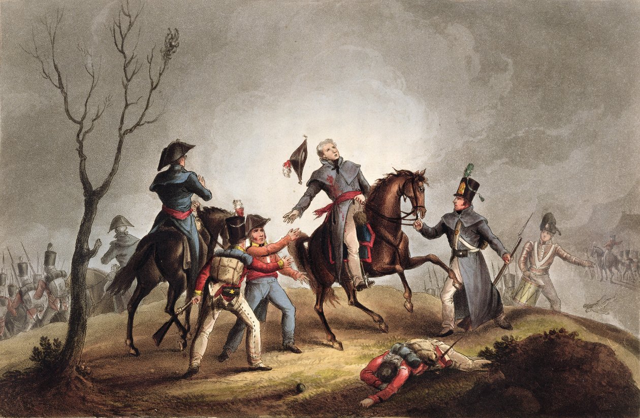 Morte de Sir John Moore (1761-1809) 17 de janeiro de 1809, de "As realizações marciais da Grã-Bretanha e seus aliados de 1799-1815", de James Jenkins, gravado por Thomas Sutherland (bc1785) publis de William Heath