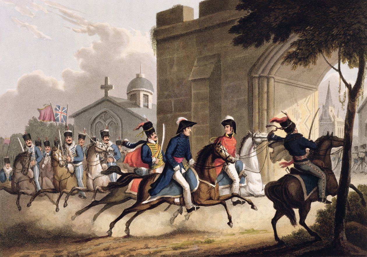Entrada de Lord Wellington em Salamanca à frente de um regimento de Hussardos, 20 de maio de 1813, de "The Martial Achievements of Britain and his Allies from 1799 to 1815", de James Jenkins, eng de William Heath