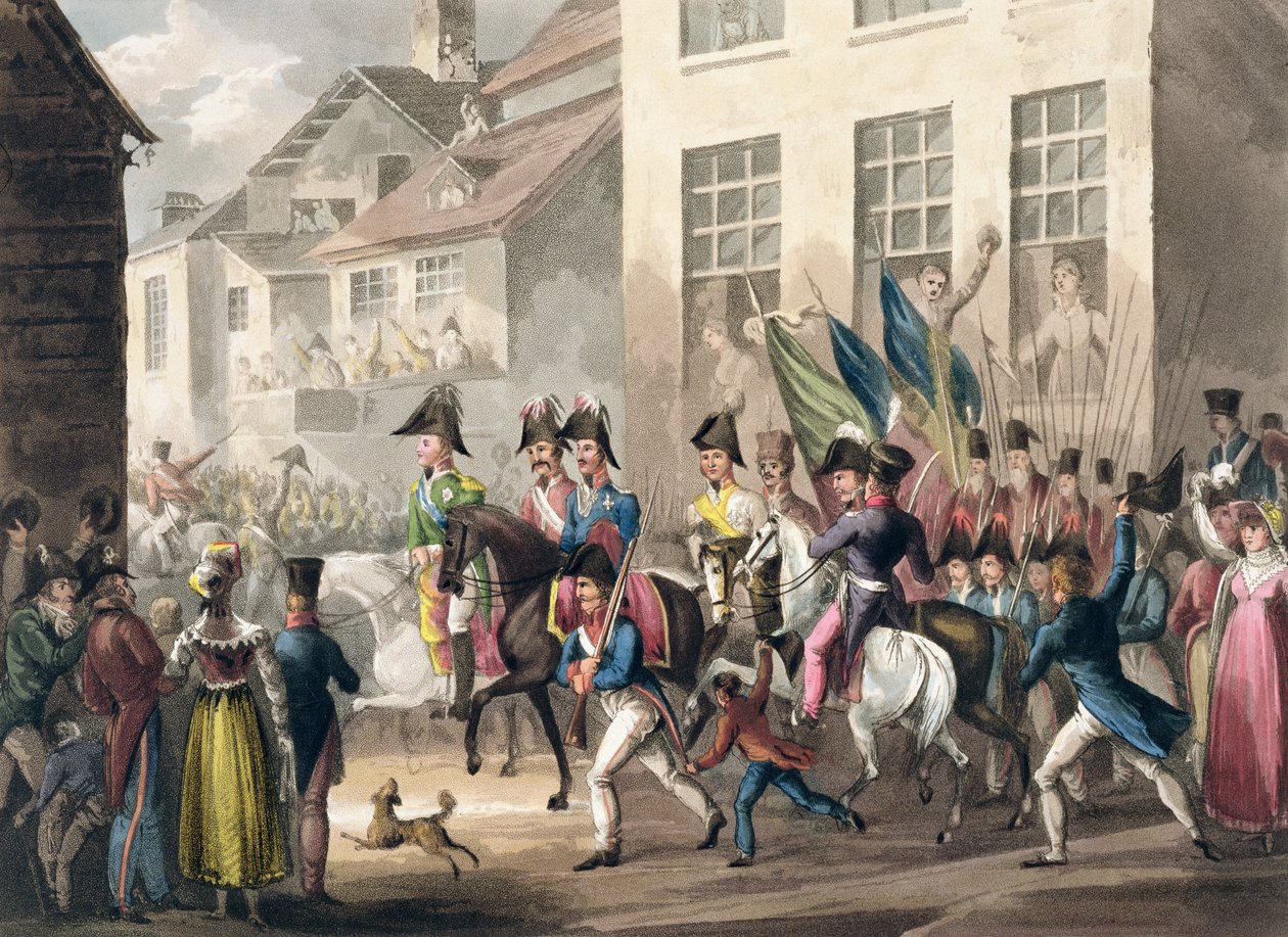 Entrada dos Aliados em Paris, em 31 de março de 1814, de "As realizações marciais da Grã-Bretanha e seus aliados de 1799 a 1815", de James Jenkins, gravada por Thomas Sutherland (bc1785), publi de William Heath