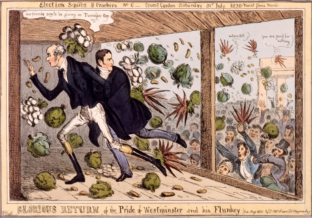 Retorno Glorioso do Orgulho de Westminster e seu Flunkey, da série &39;Squabs e Biscoitos Eleitorais&39;, 1830 (gravura colorida à mão) de William Heath