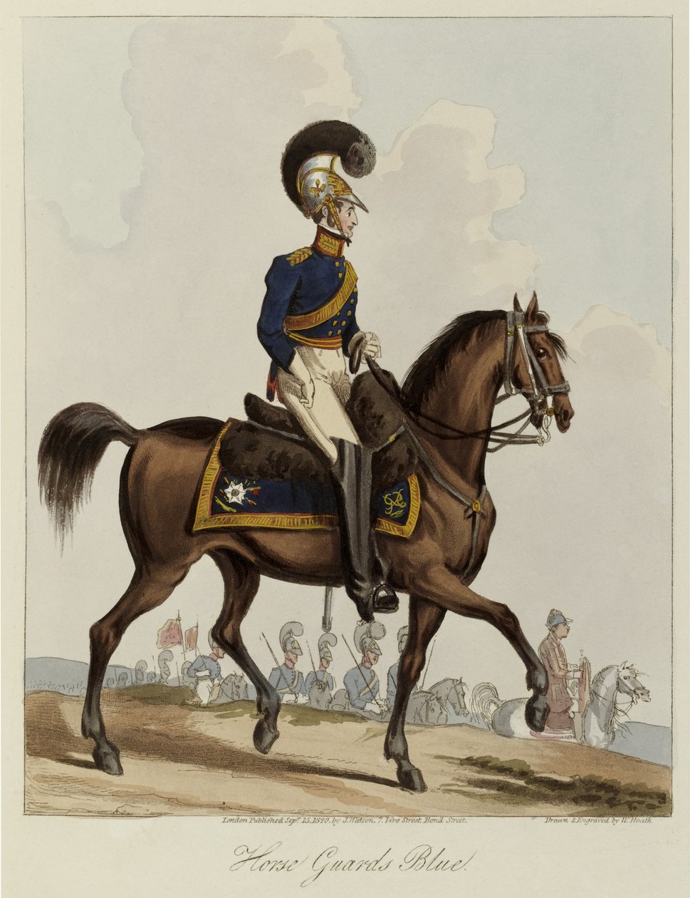Horse Guards Blue, Estudo uniforme do Royal Regiment of Horse Guards, 1820 (aquatinta colorida) de William Heath